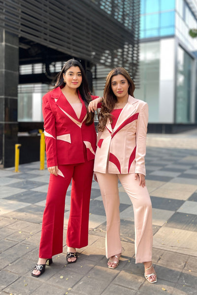 Cister Co in Chili Red Contrast Paneled Blazer with Crop Top and Flared Pants