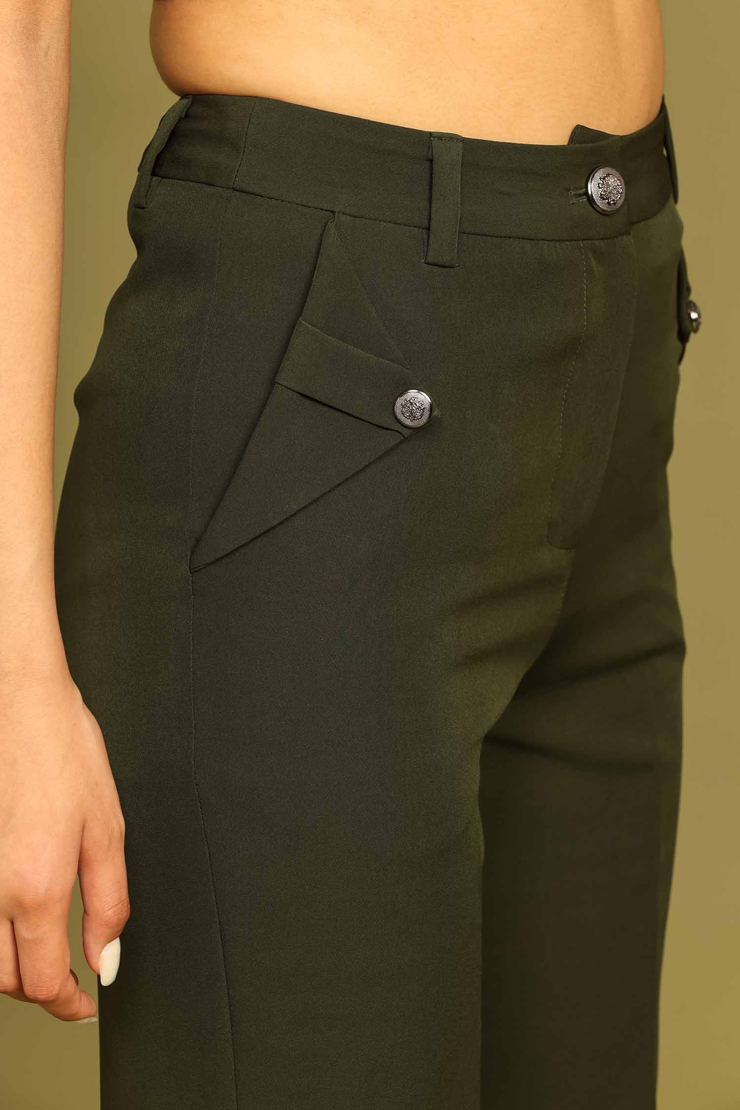 Juniper Green Flared Trousers With Box Pocket Flap