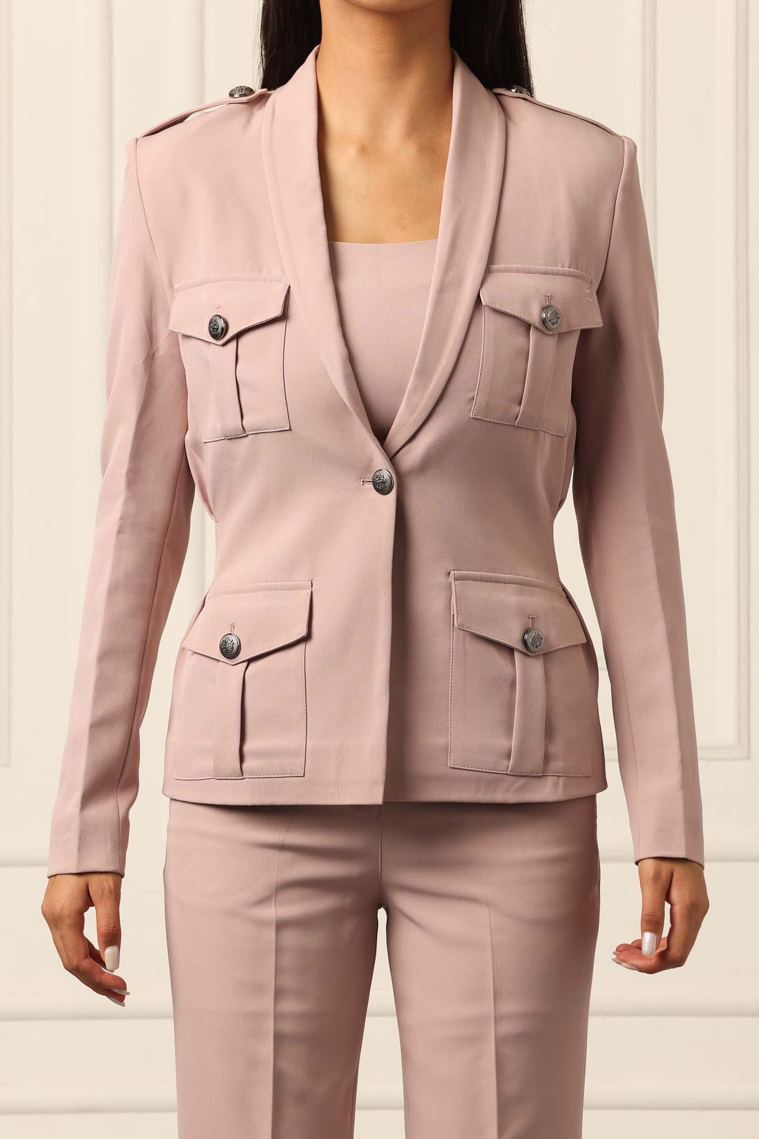 Box Pleated Blossom Pink Blazer With Trousers