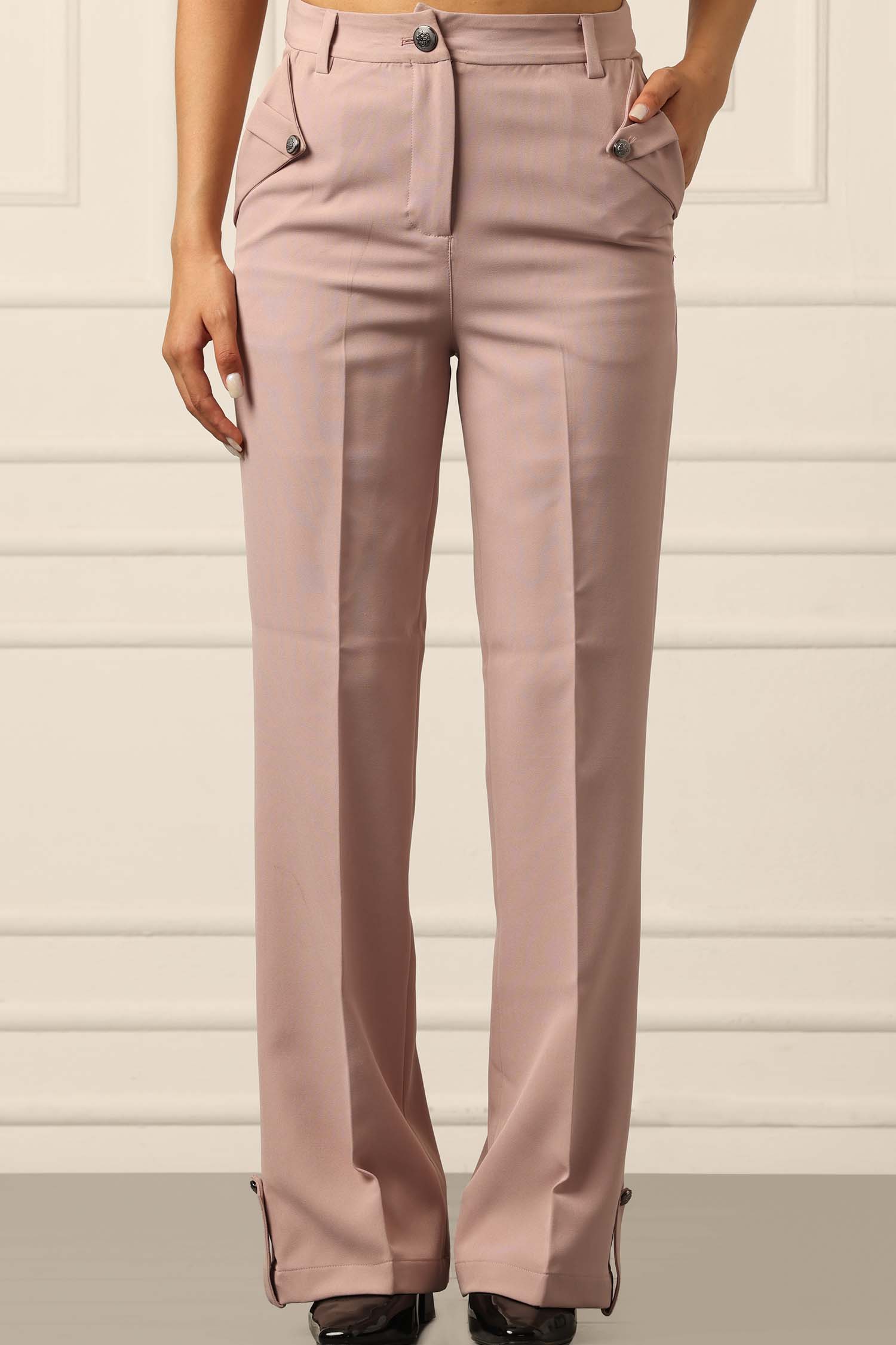 Blossom Pink Flared Trousers With Box Pocket Flap