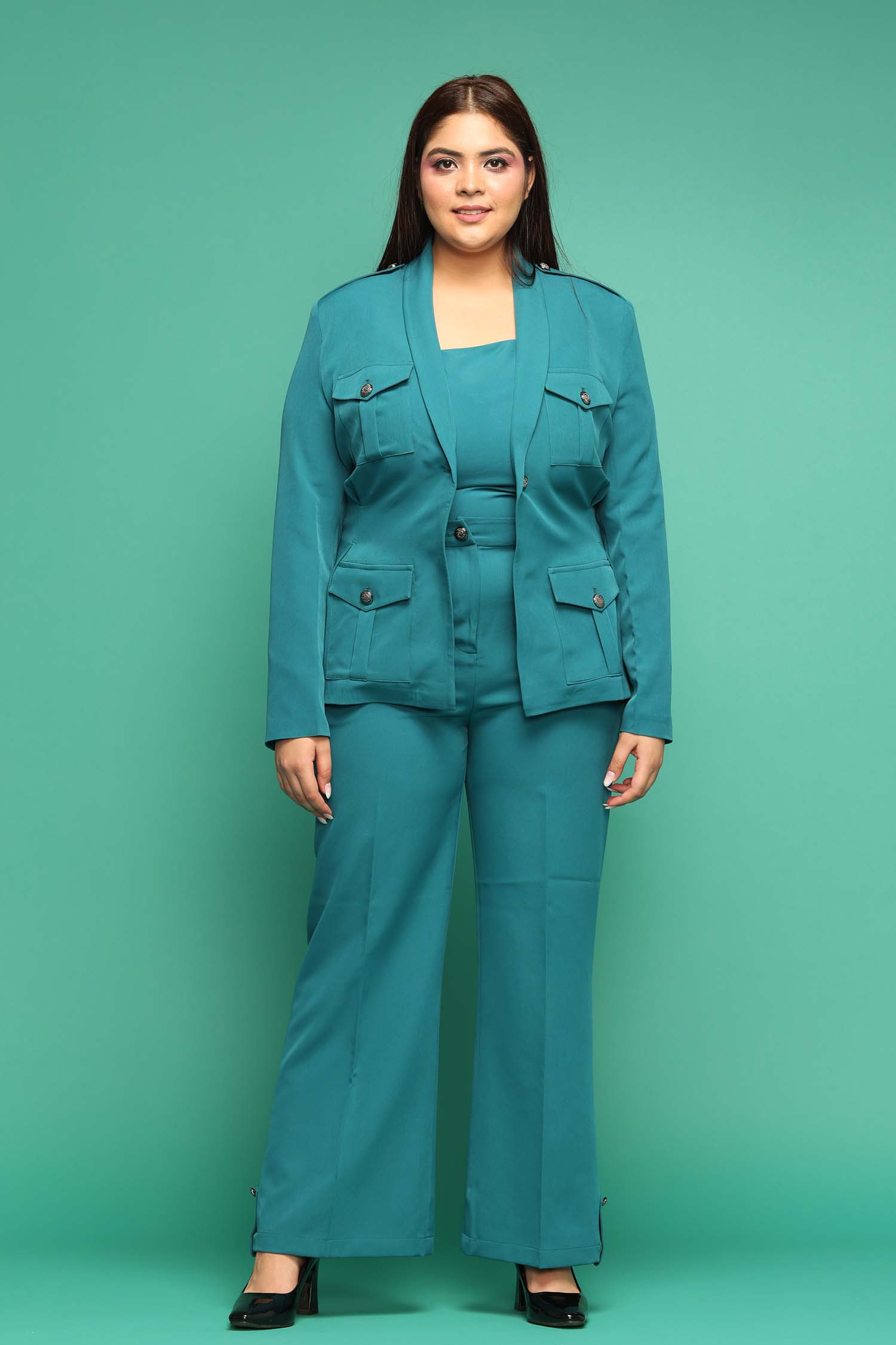 Box Pleated Teal Blue Blazer With Trousers
