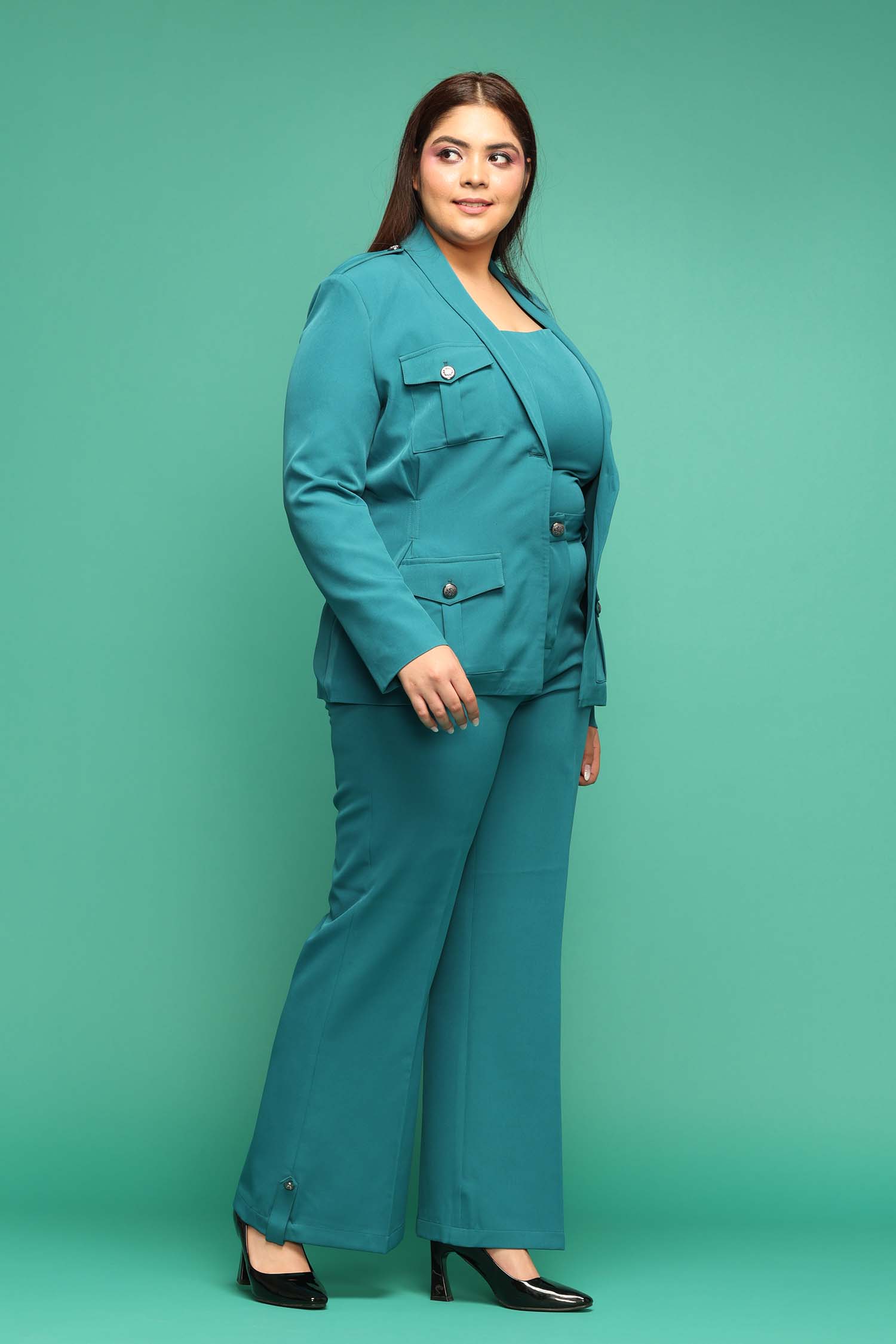 Box Pleated Teal Blue Blazer With Trousers