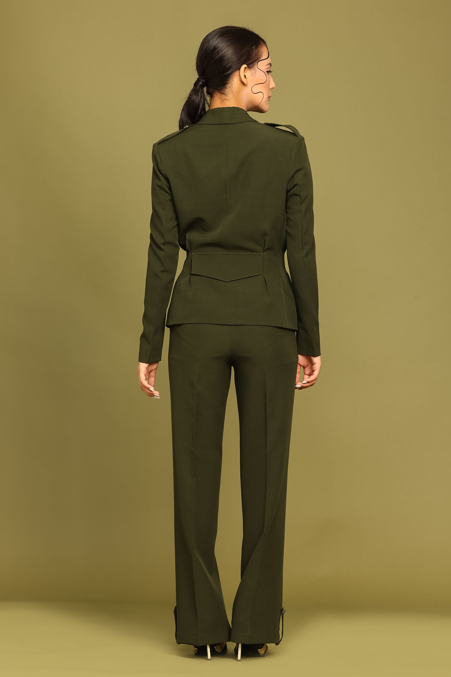 Box Pleated Juniper Green Blazer With Trousers