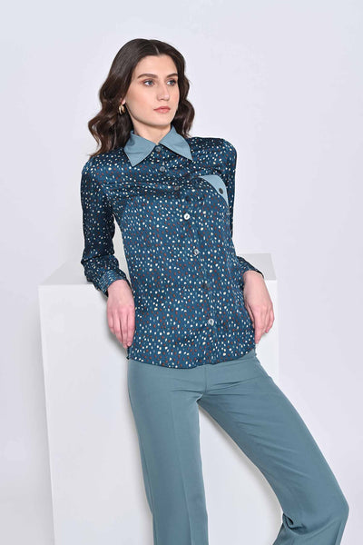 Mosque Printed Shirt With Neptune Green Flared Trousers