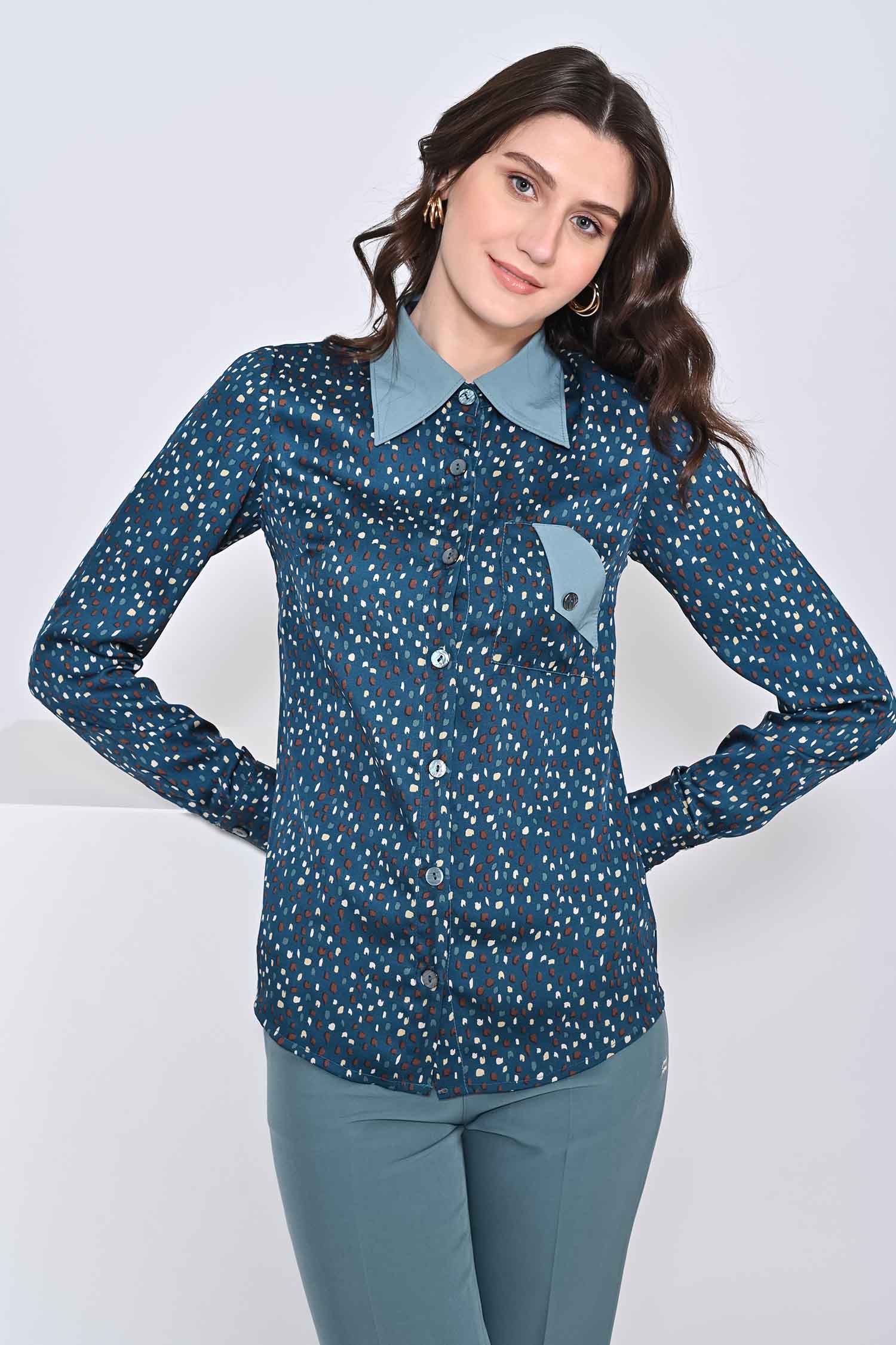 Mosque Printed Shirt With Neptune Green Flared Trousers