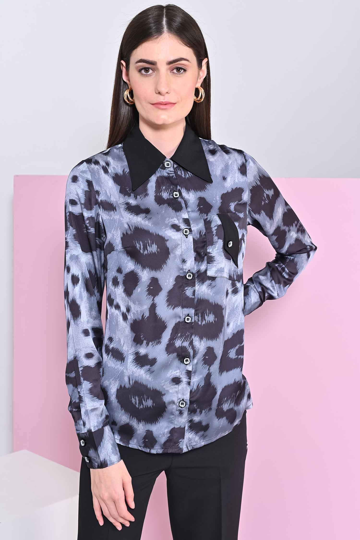 Pebble Printed Shirt With Black Flared Trousers