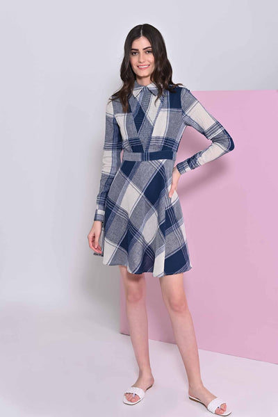 A- Line Shirt Collar Blumine Check Dress