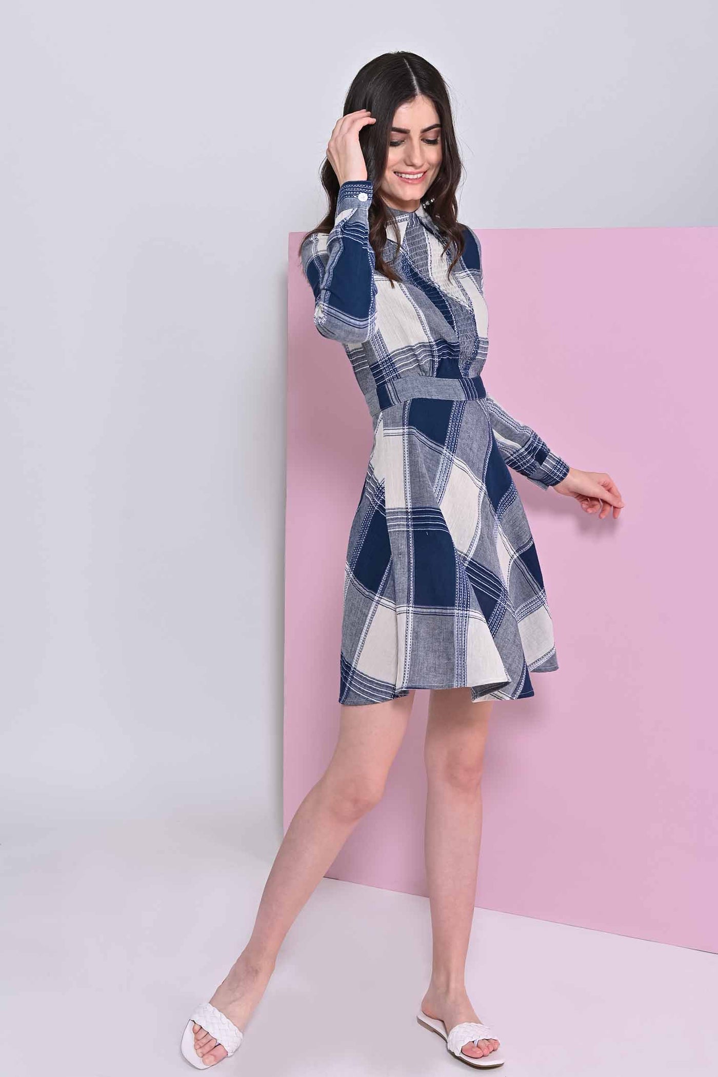 A- Line Shirt Collar Blumine Check Dress