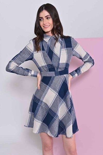 A- Line Shirt Collar Blumine Check Dress