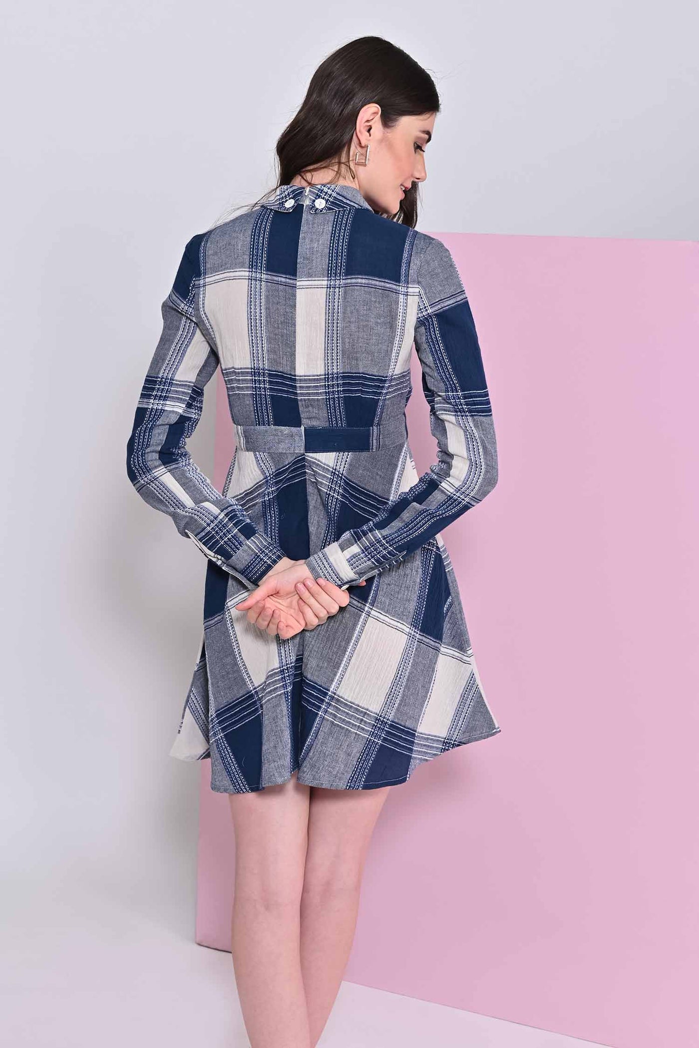 A- Line Shirt Collar Blumine Check Dress