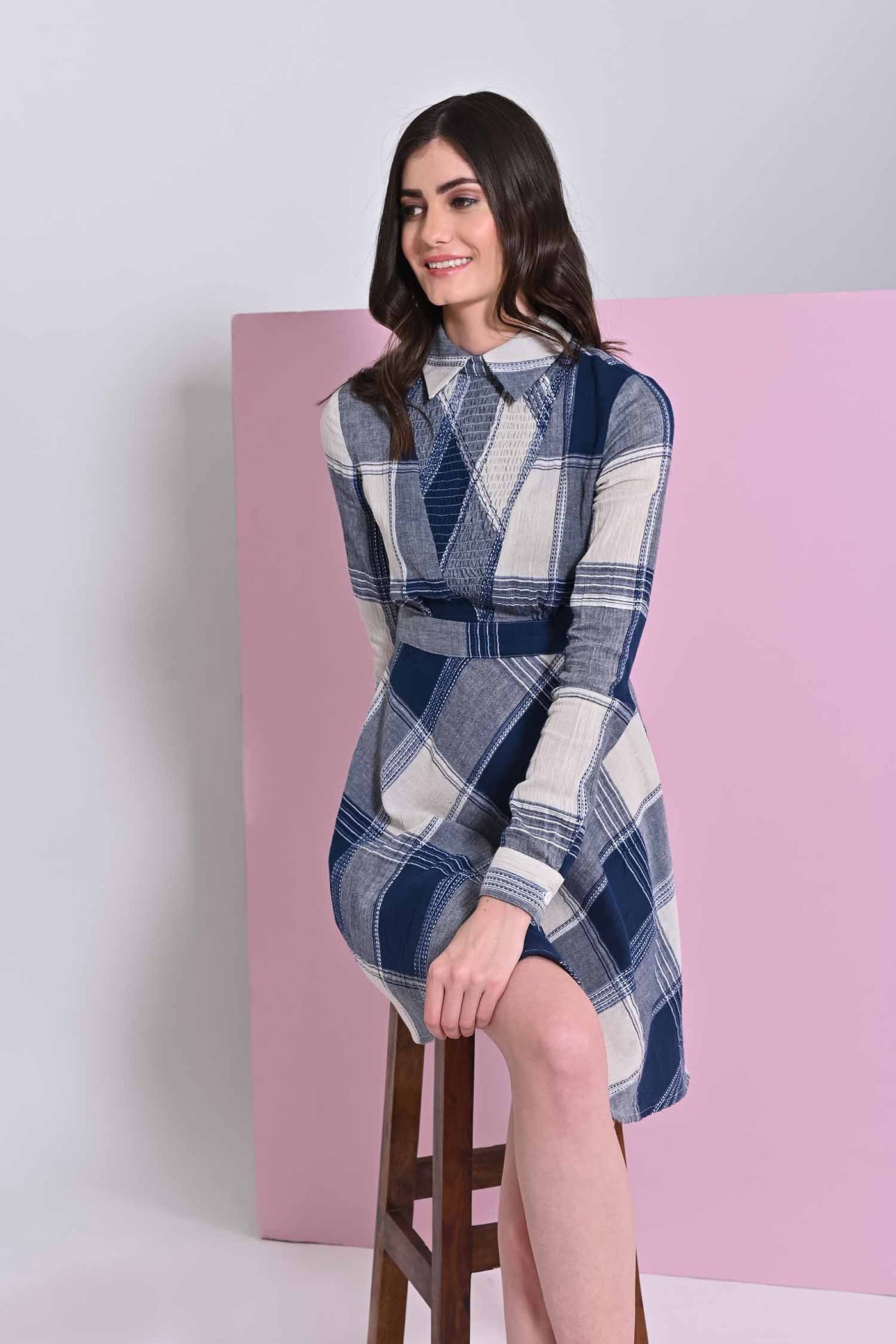 A- Line Shirt Collar Blumine Check Dress