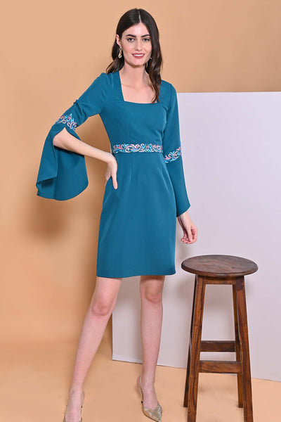 Arushi Nishank in Teal Blue Embroidery Cape Sleeve Dress