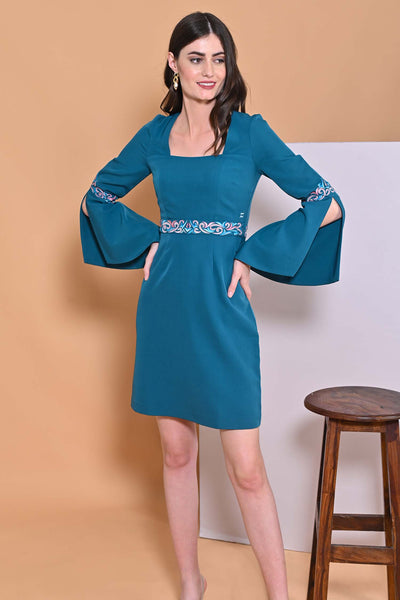 Arushi Nishank in Teal Blue Embroidery Cape Sleeve Dress