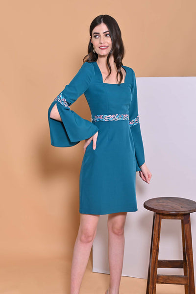 Arushi Nishank in Teal Blue Embroidery Cape Sleeve Dress