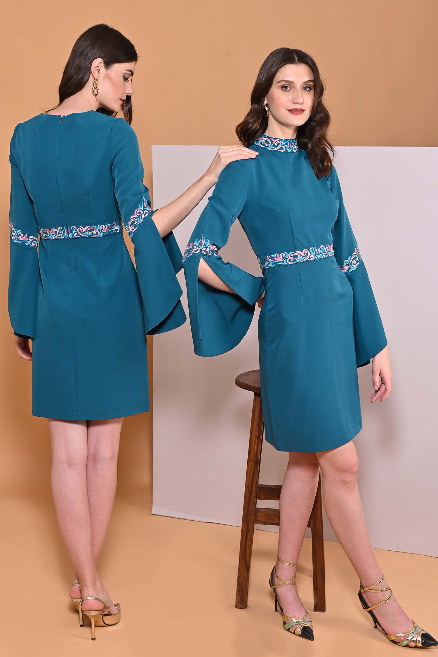 Teal Blue Embroidery Band Collar Cape Sleeve Dress