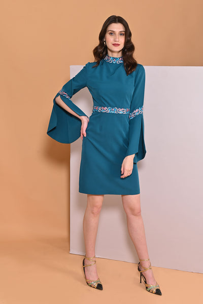 Teal Blue Embroidery Band Collar Cape Sleeve Dress