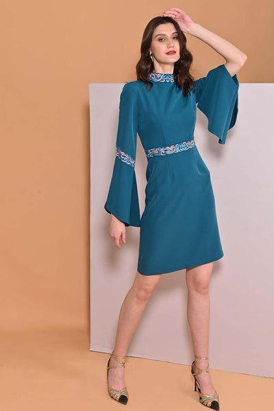 Teal Blue Embroidery Band Collar Cape Sleeve Dress