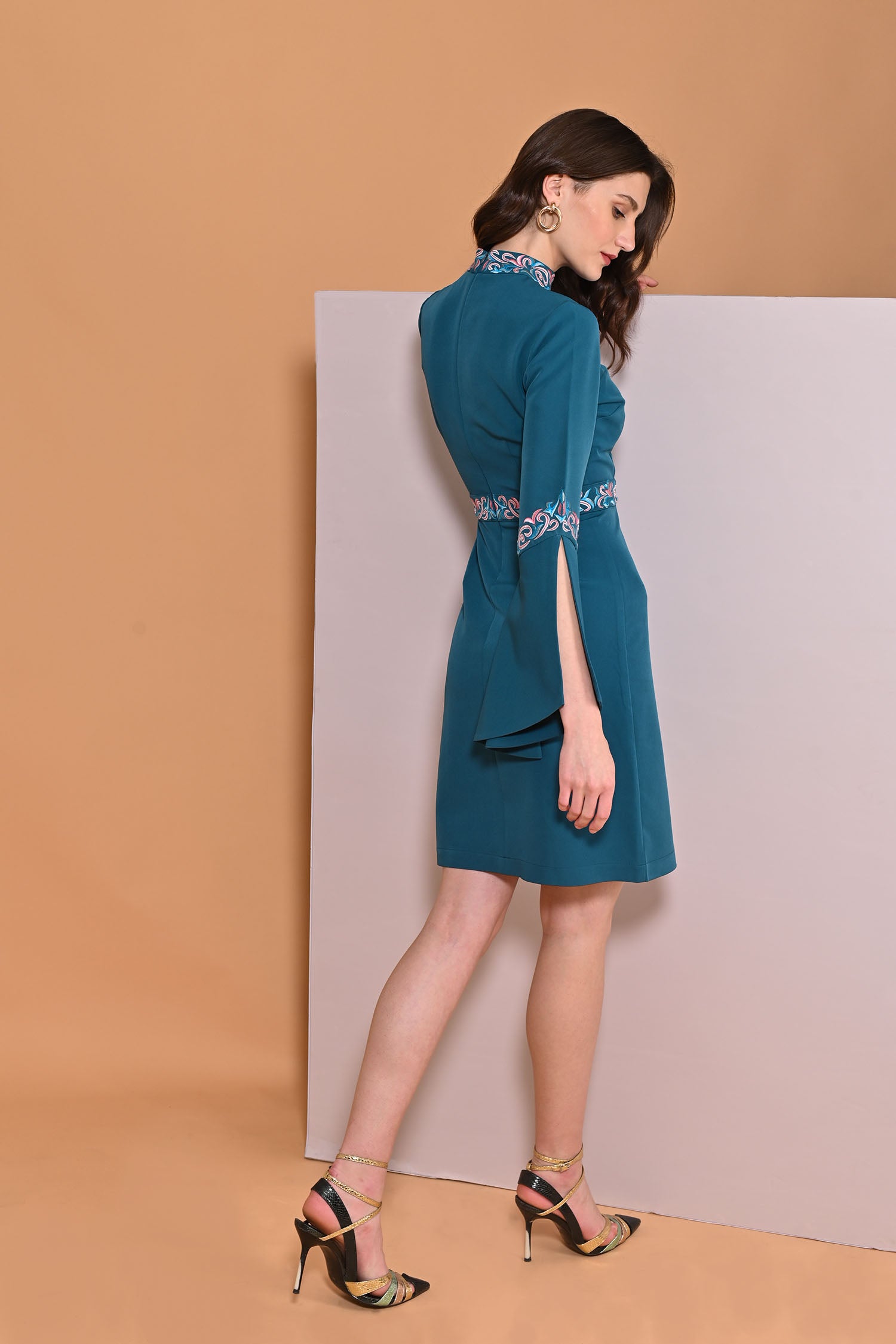 Teal Blue Embroidery Band Collar Cape Sleeve Dress