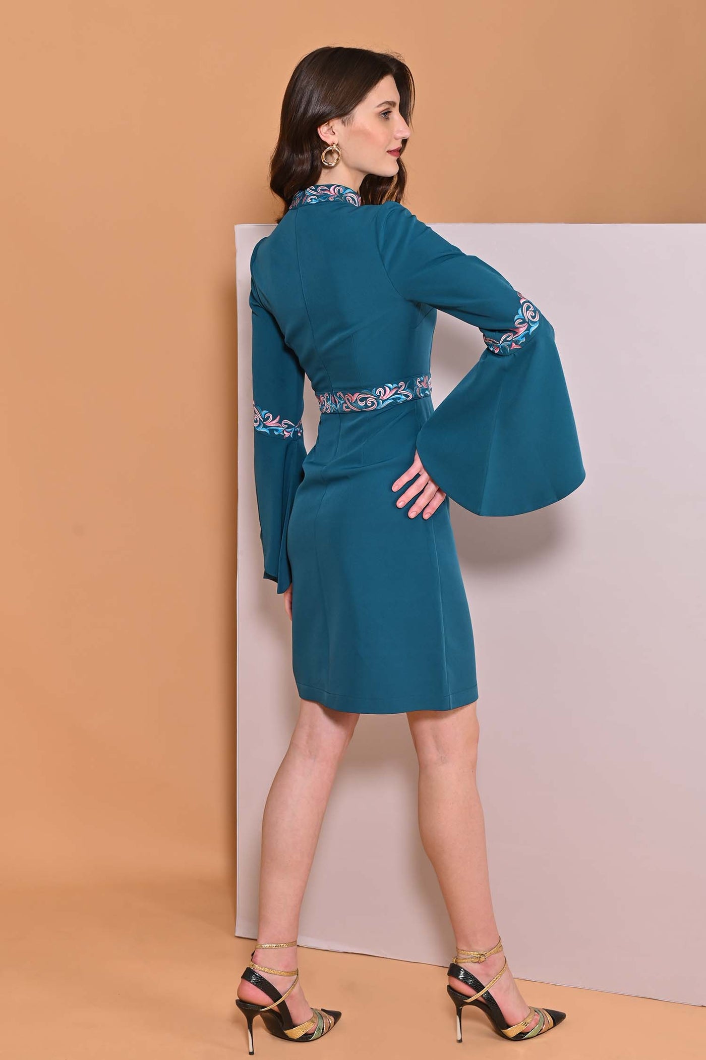 Teal Blue Embroidery Band Collar Cape Sleeve Dress