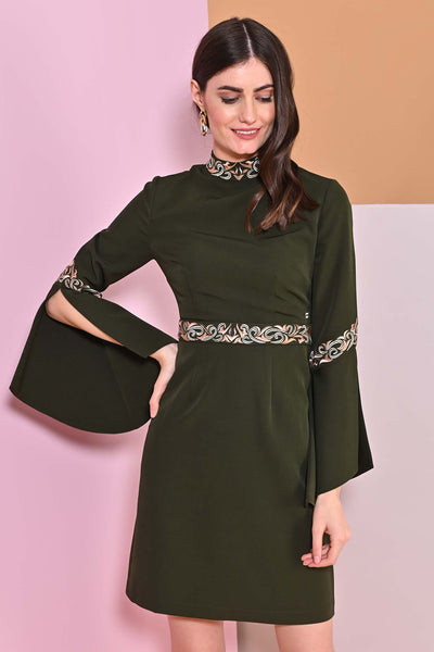 Juniper Green Embroidery Band Collar Cape Sleeve Dress