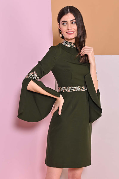 Juniper Green Embroidery Band Collar Cape Sleeve Dress