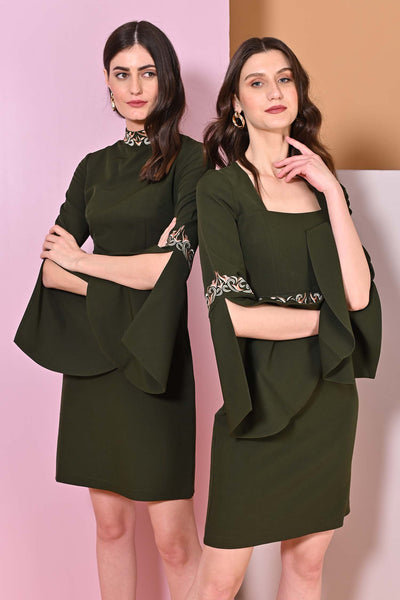 Juniper Green Embroidery Cape Sleeve Dress