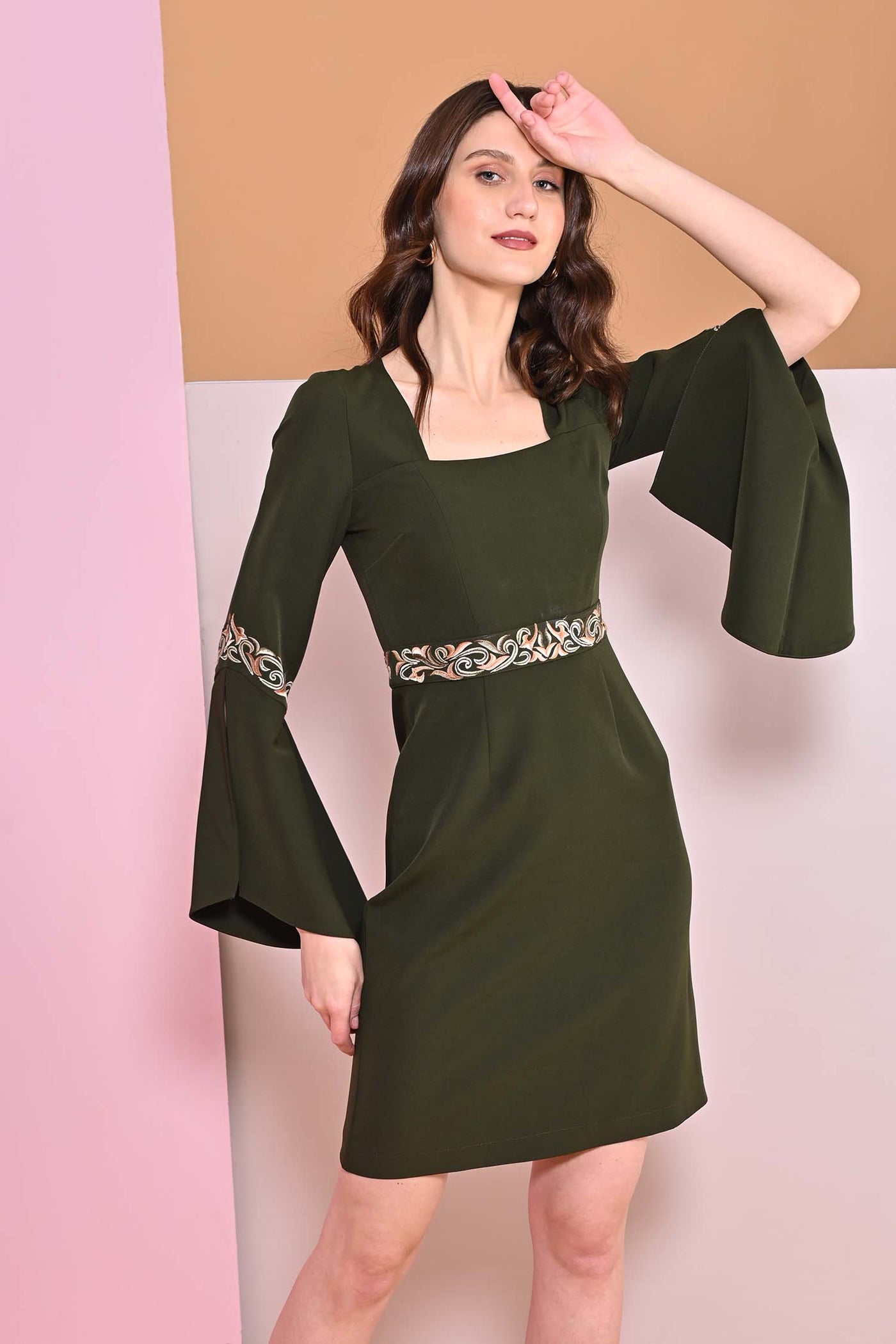 Juniper Green Embroidery Cape Sleeve Dress