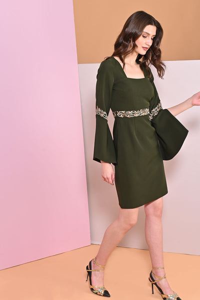 Juniper Green Embroidery Cape Sleeve Dress