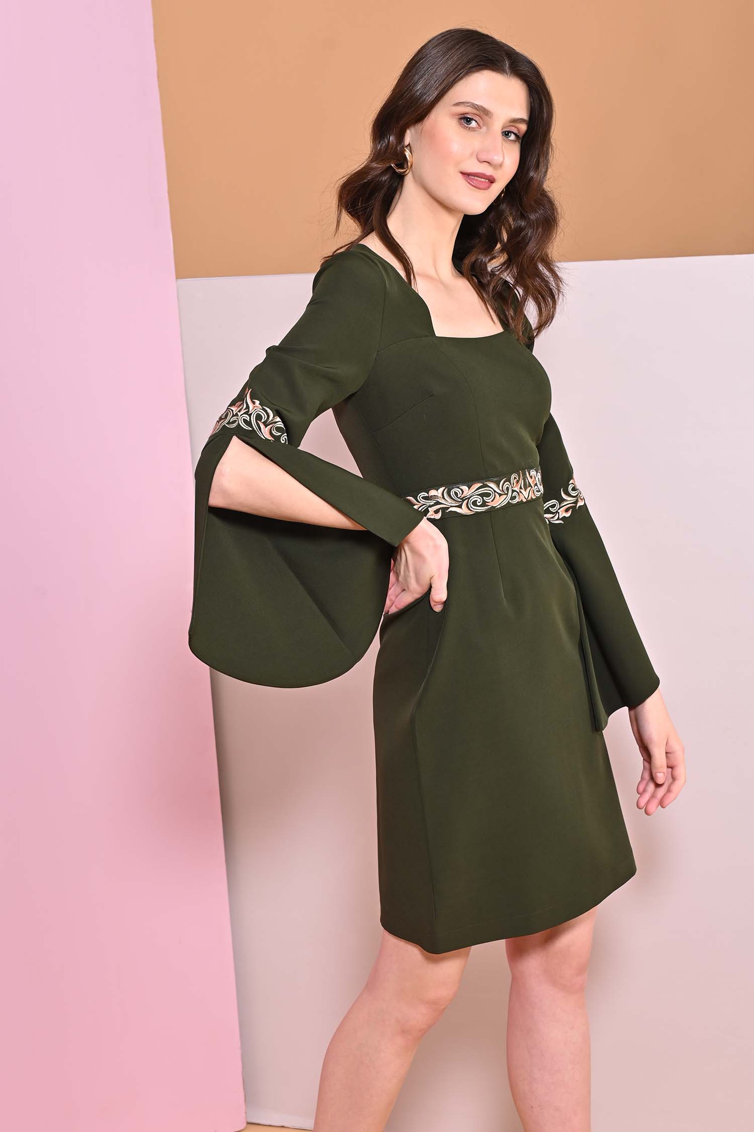 Juniper Green Embroidery Cape Sleeve Dress