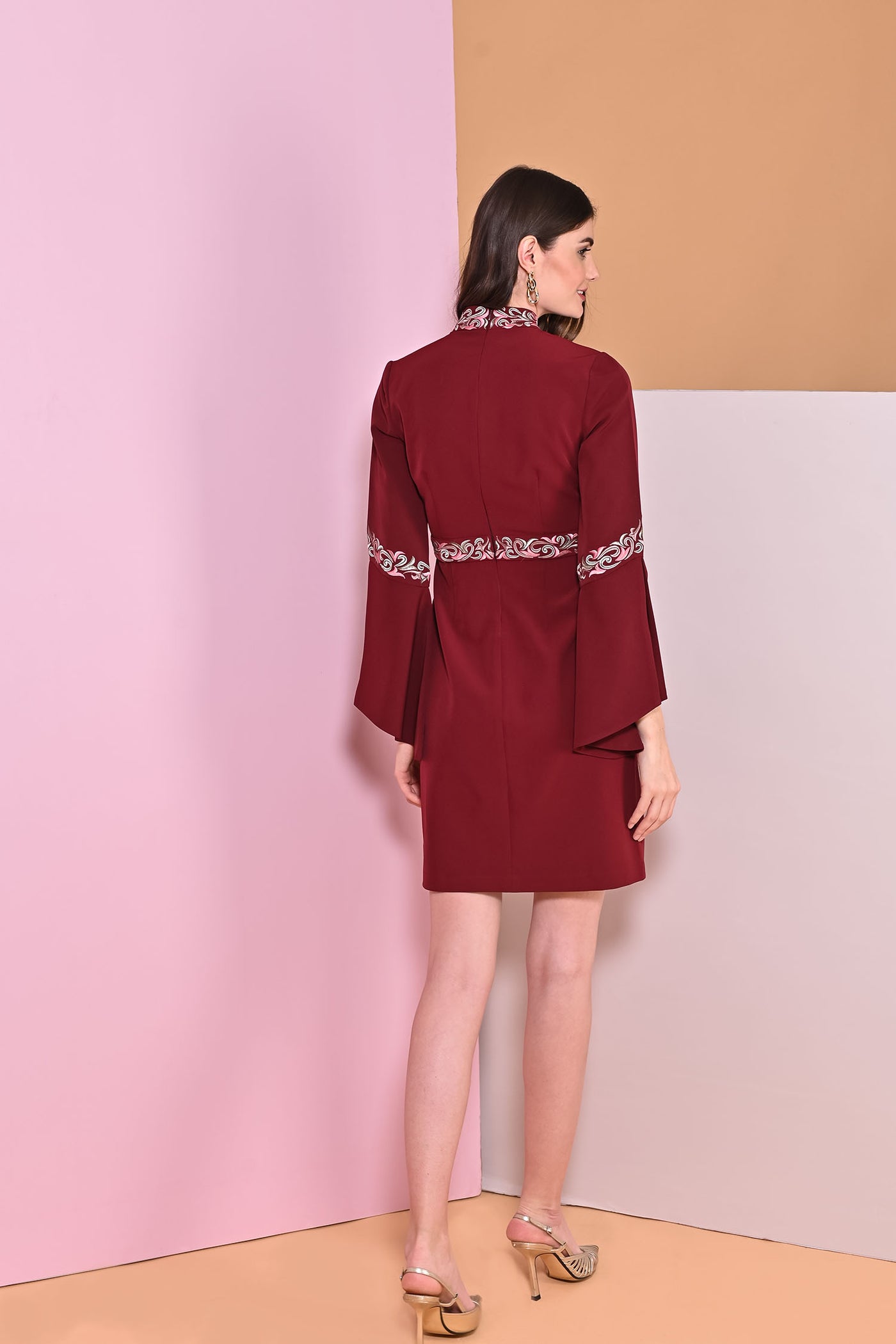 Sanguine Embroidery Band Collar Cape Sleeve Dress