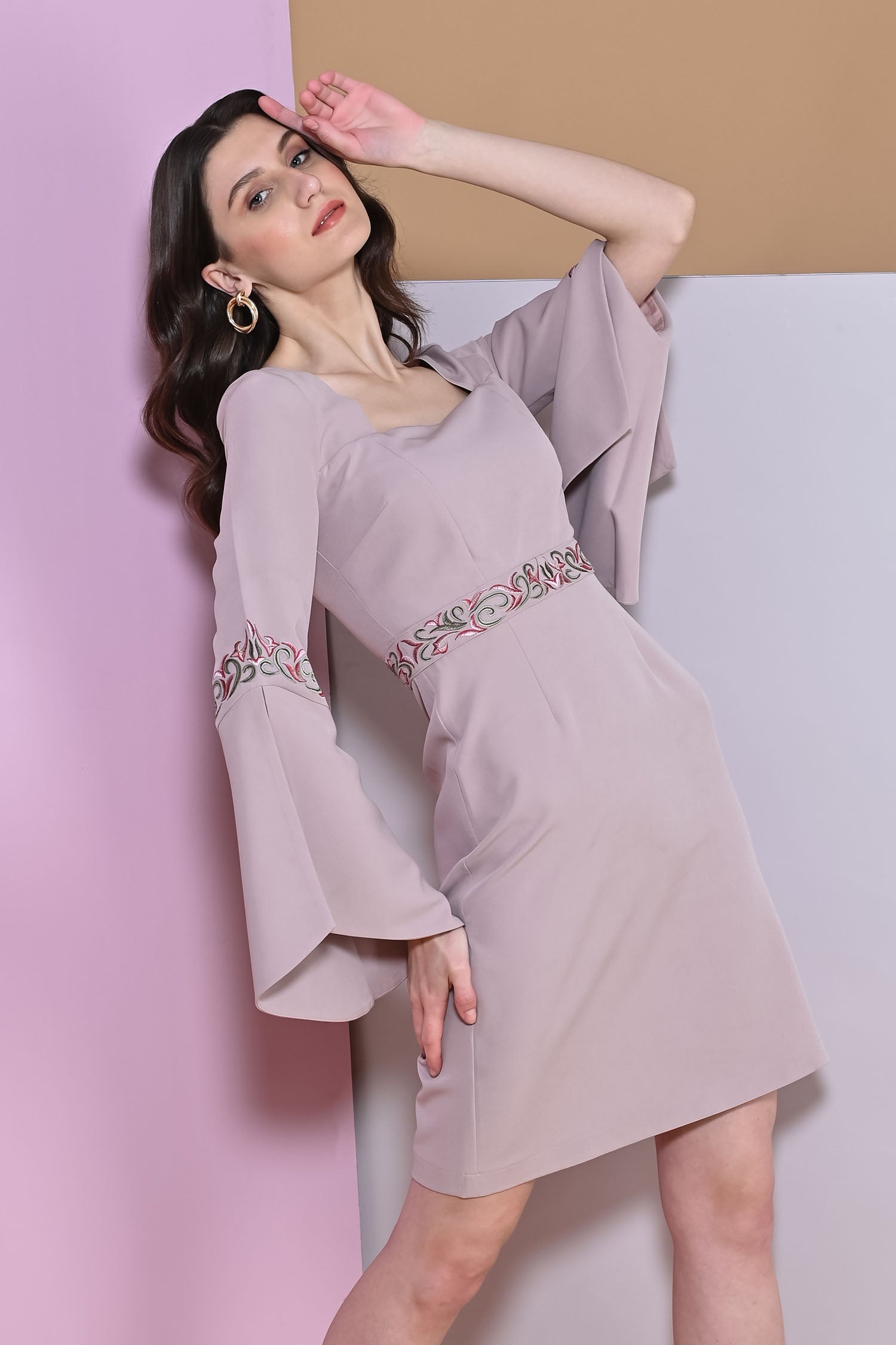 Blossom Pink Embroidery Cape Sleeve Dress
