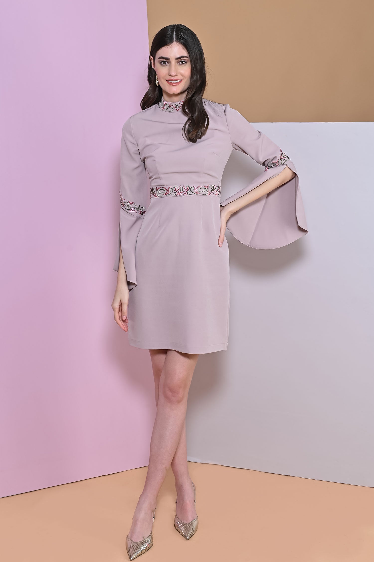 Blossom Pink Embroidery Band Collar Cape Sleeve Dress