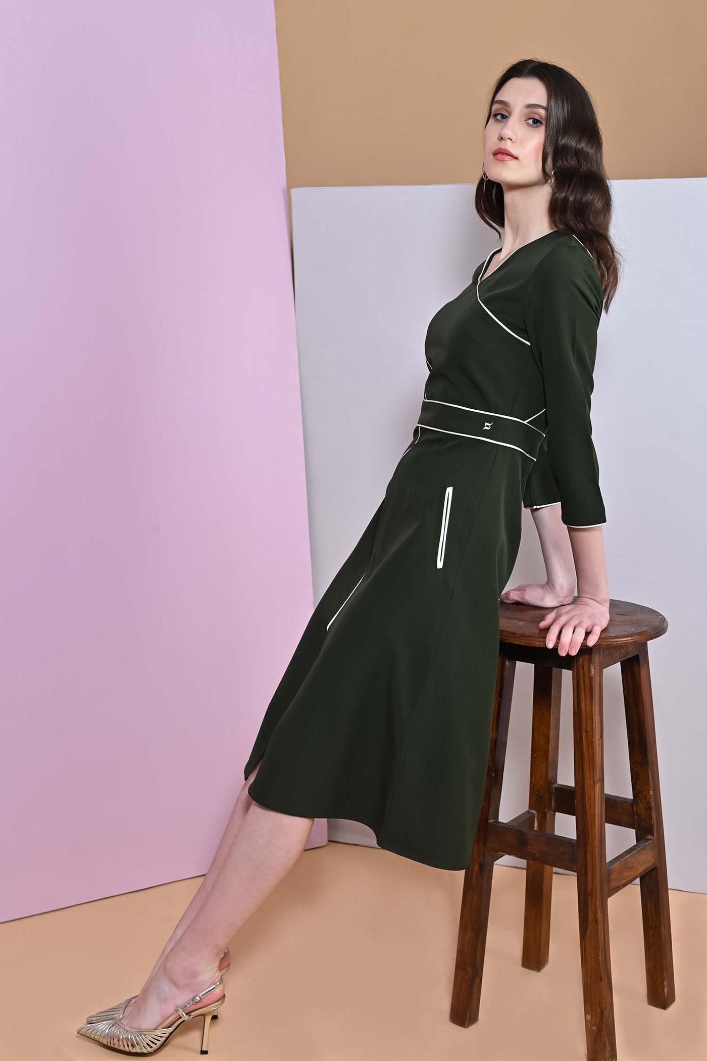 A-Line Juniper Green Slit Full Sleeve Dress