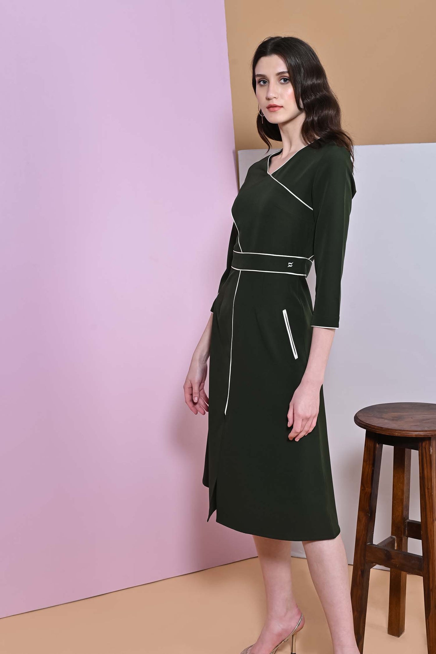 A-Line Juniper Green Slit Full Sleeve Dress