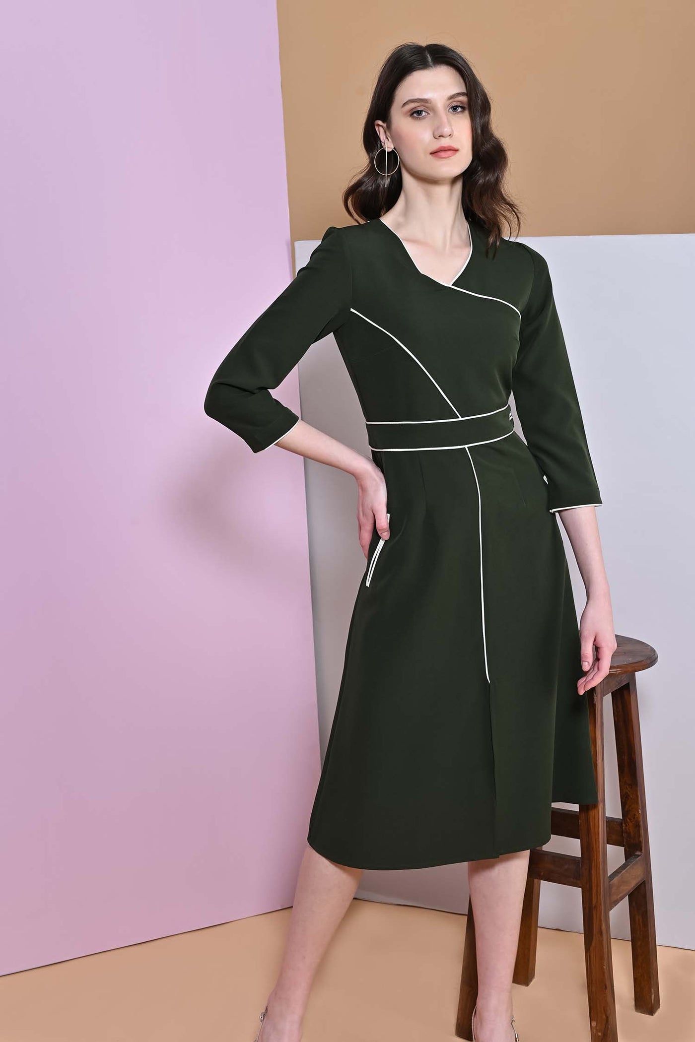 A-Line Juniper Green Slit Full Sleeve Dress