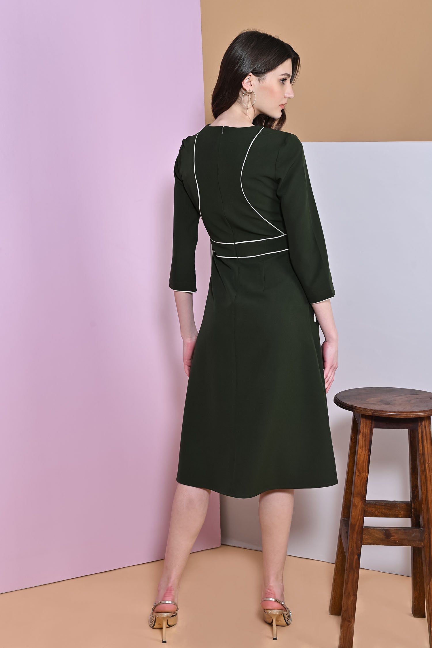 A-Line Juniper Green Slit Full Sleeve Dress