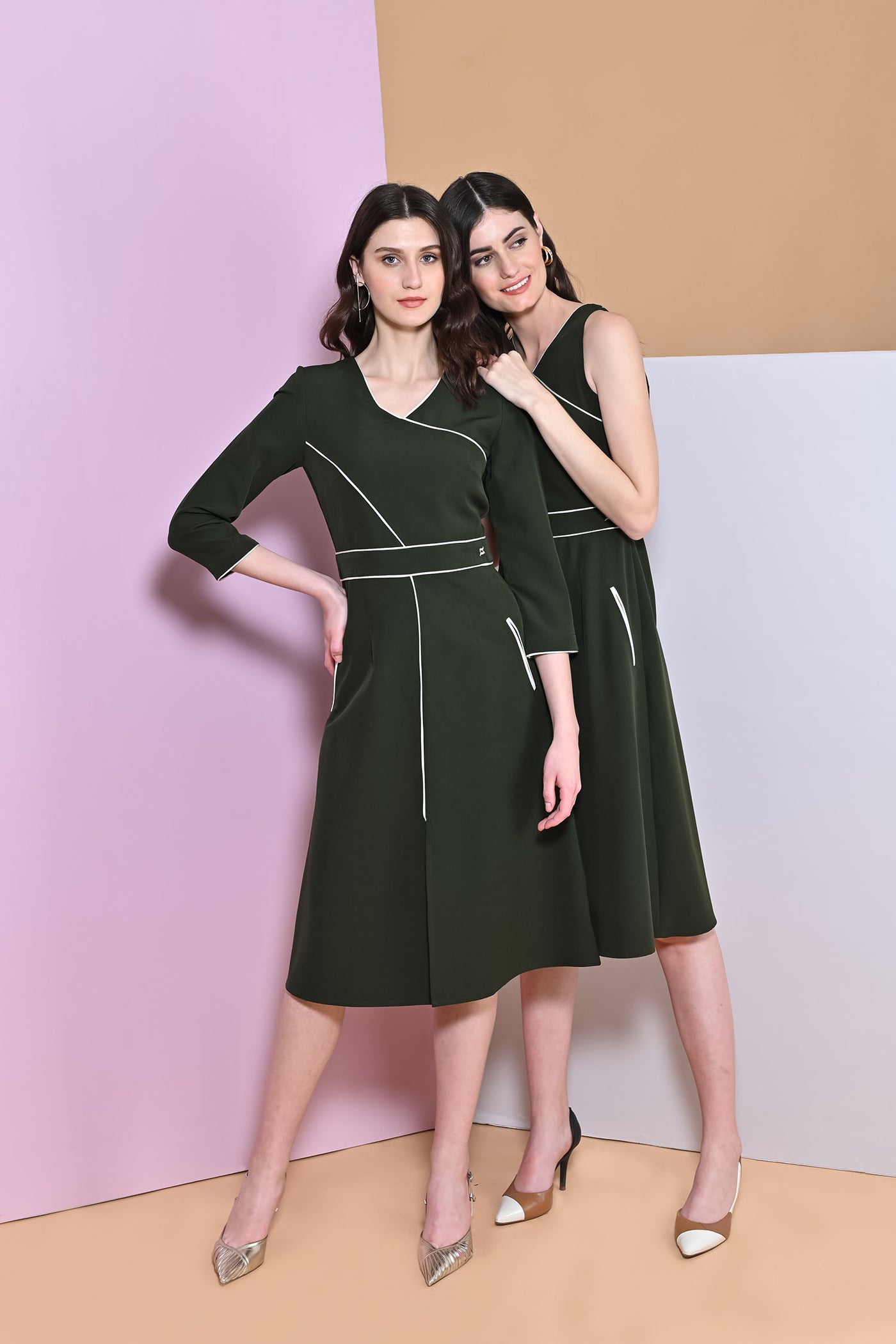 A-Line Juniper Green Slit Full Sleeve Dress