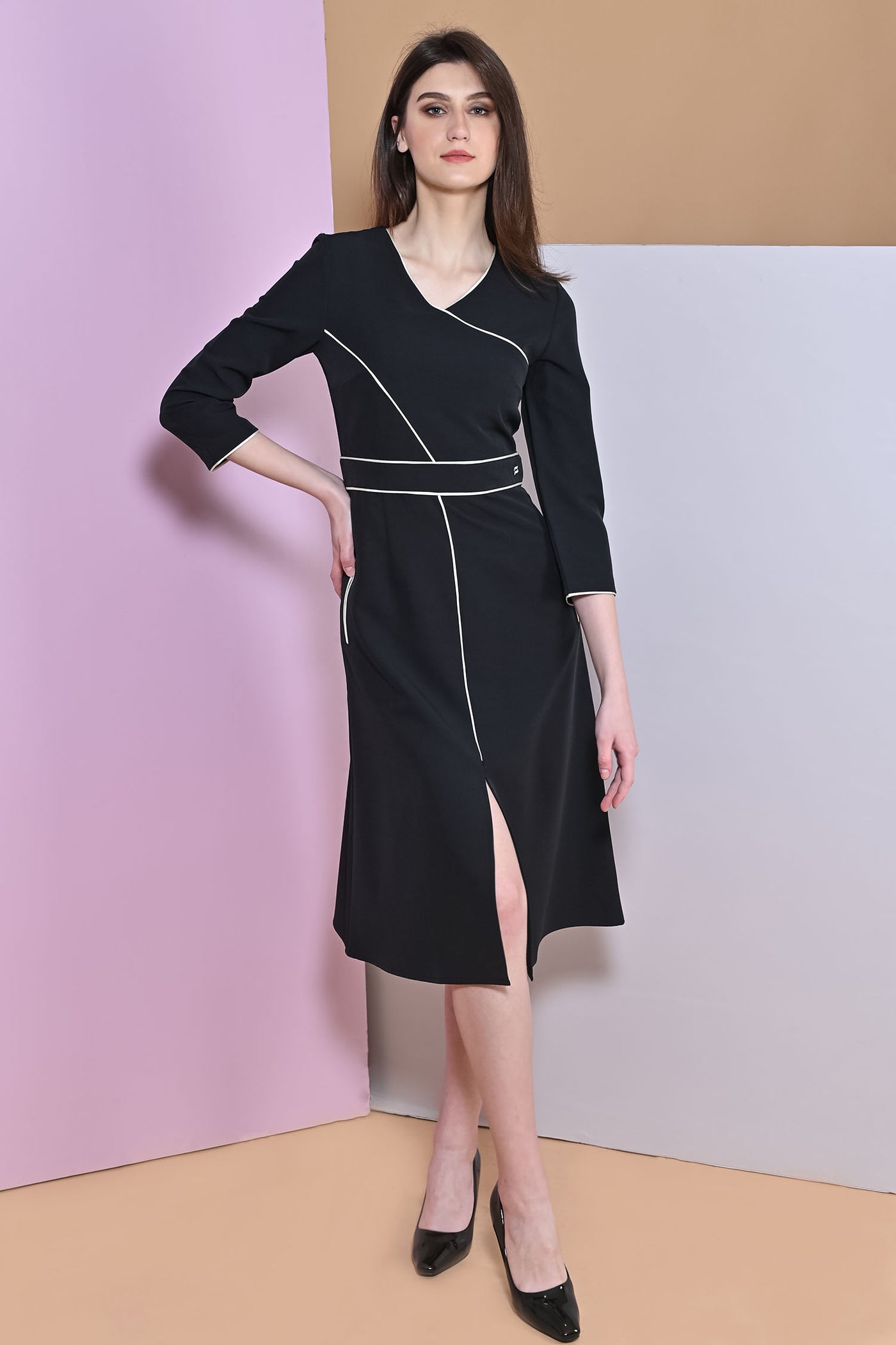 A-Line Black Slit Full Sleeve Dress