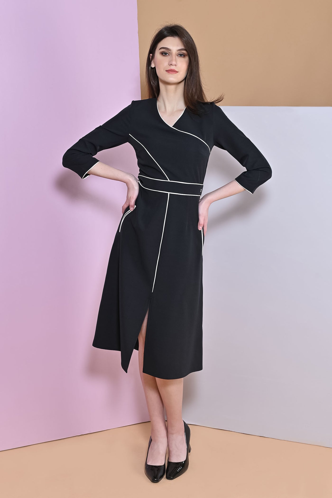 A-Line Black Slit Full Sleeve Dress