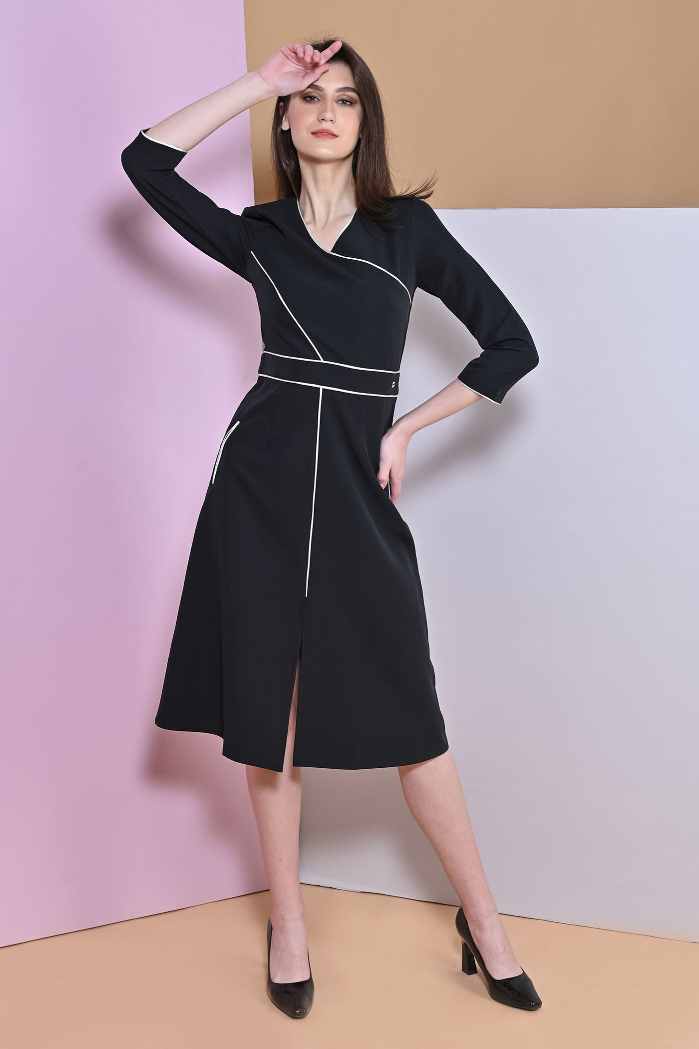 A-Line Black Slit Full Sleeve Dress