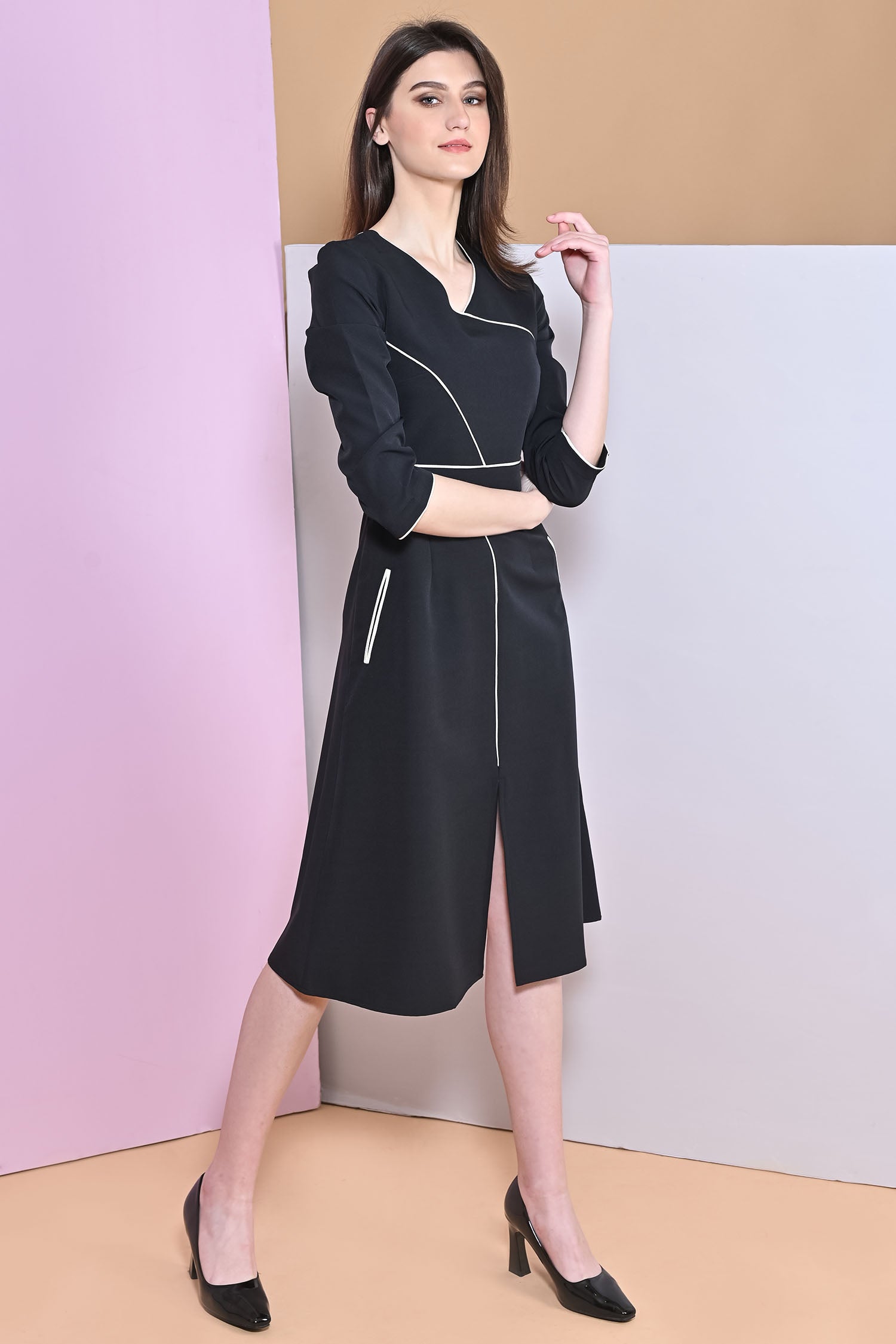 A-Line Black Slit Full Sleeve Dress