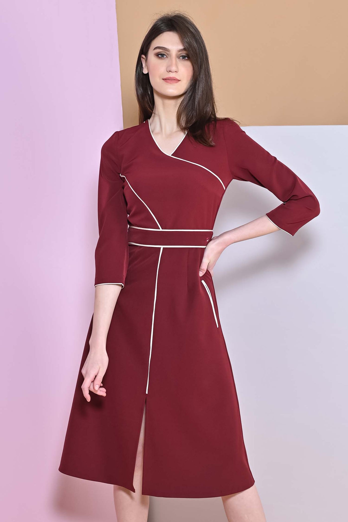 A-Line Sanguine Slit Full Sleeve Dress