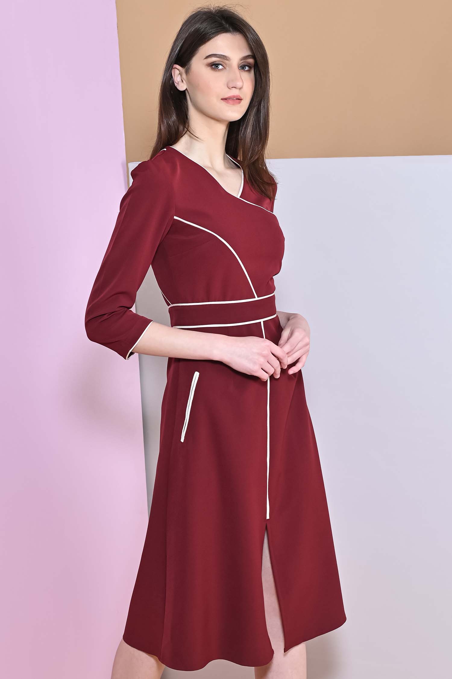 A-Line Sanguine Slit Full Sleeve Dress