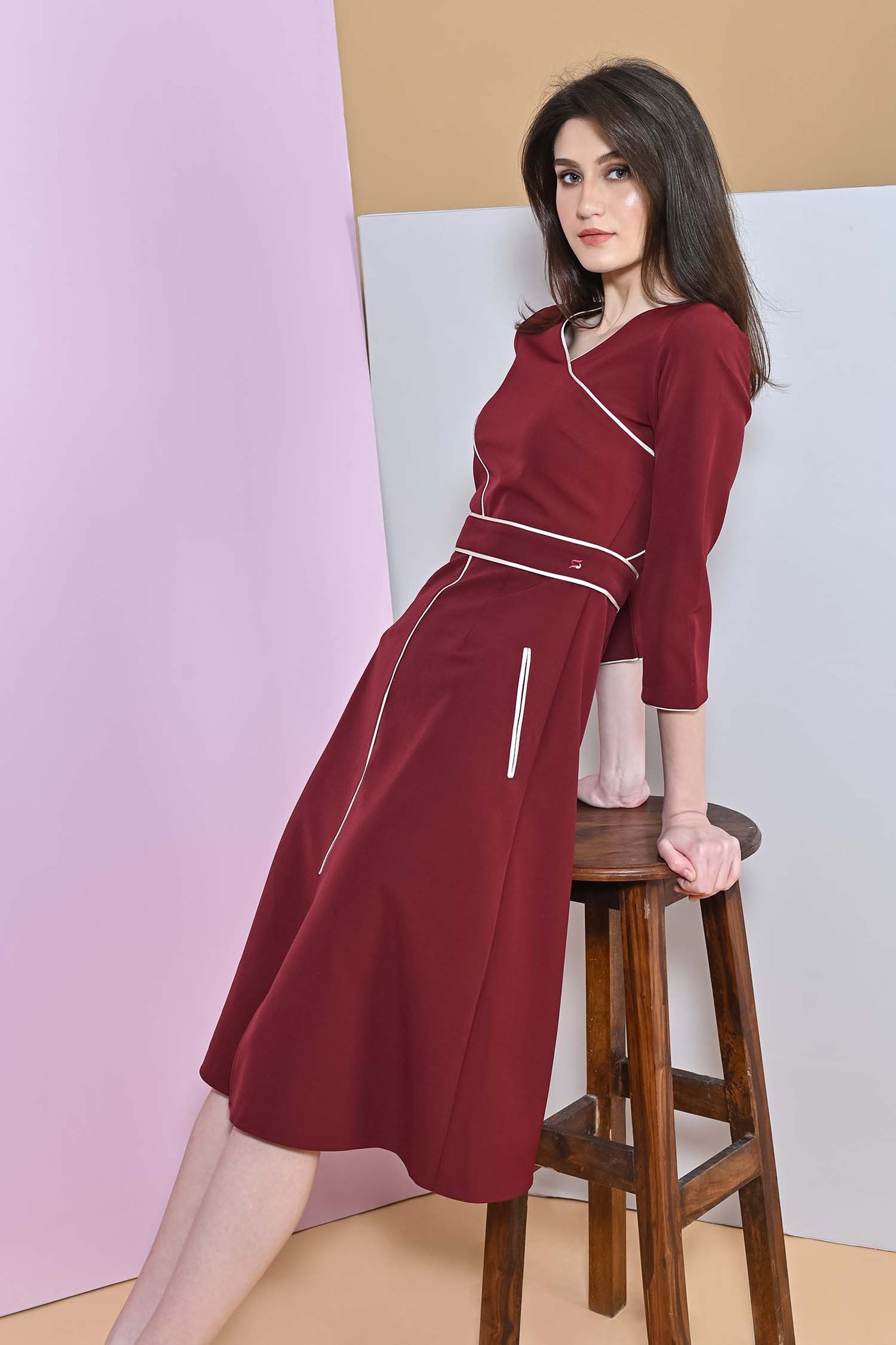 A-Line Sanguine Slit Full Sleeve Dress