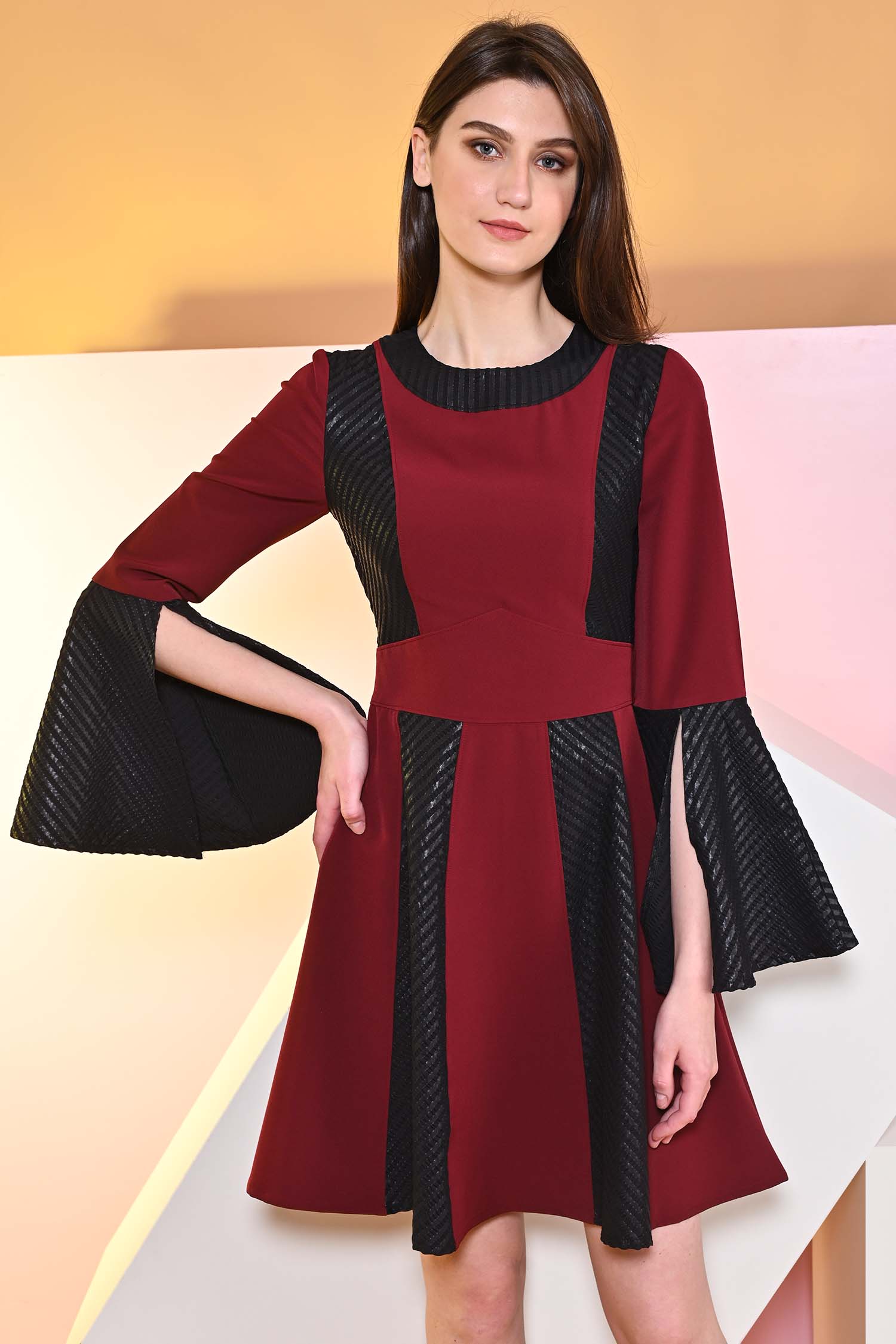 Sanguine Pitch flared dress with cape sleeves