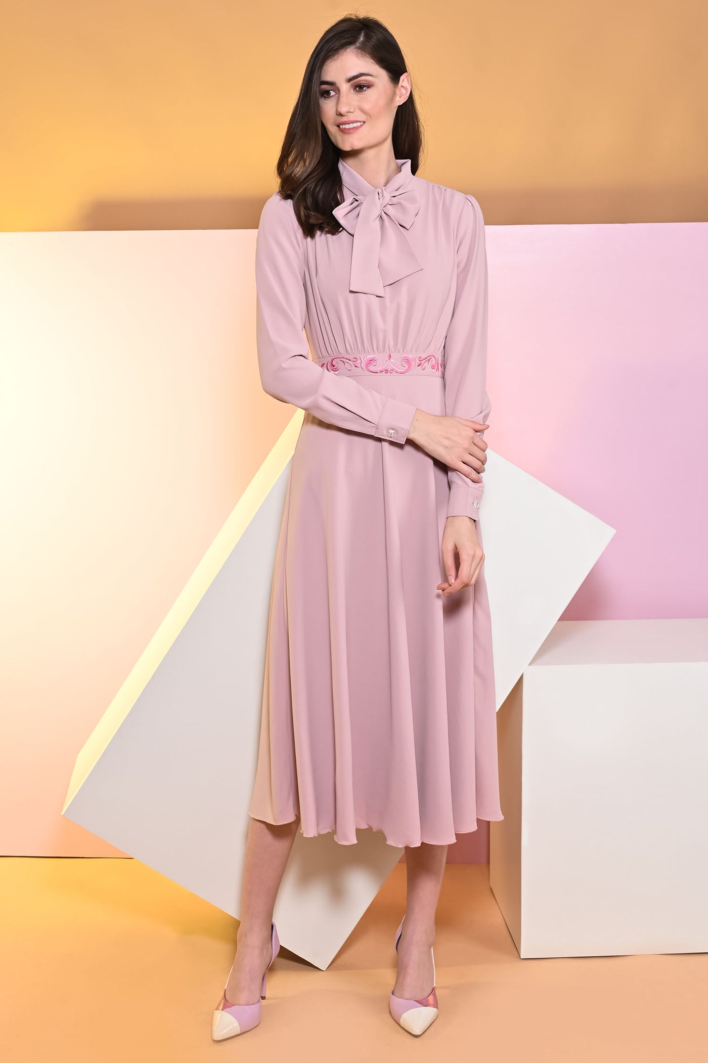 Azalea Long Neck Tie Collar Dress