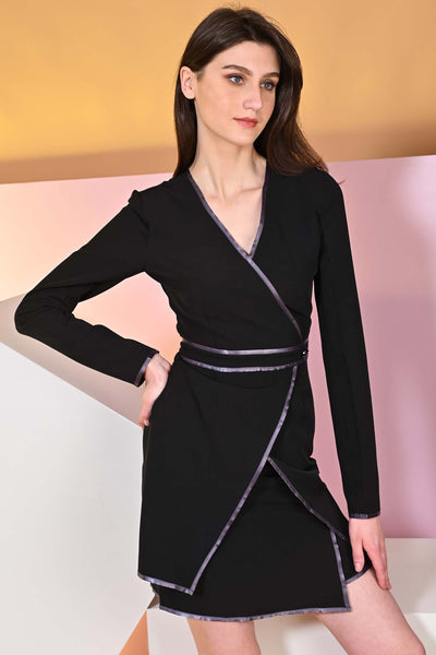 Inderpreet in Black Overlap Binding Dress