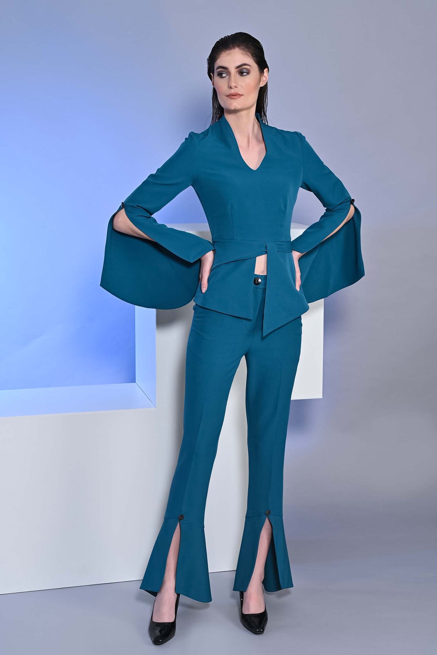 Teal Blue Cape Sleeves Top With Trousers