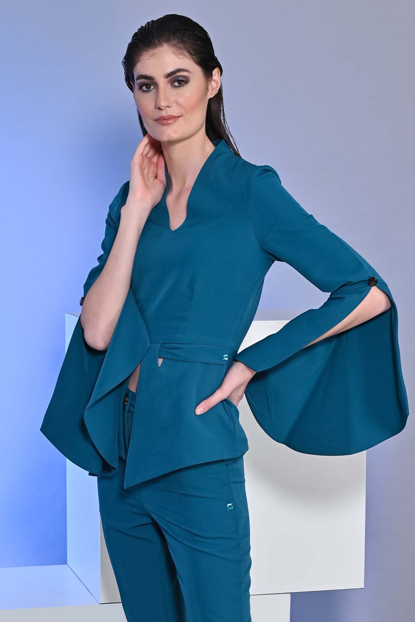 Teal Blue Cape Sleeves Top With Trousers