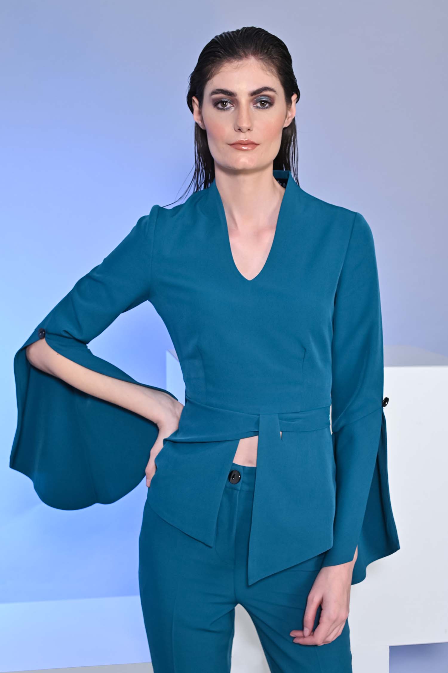 Teal Blue Cape Sleeves Top With Trousers
